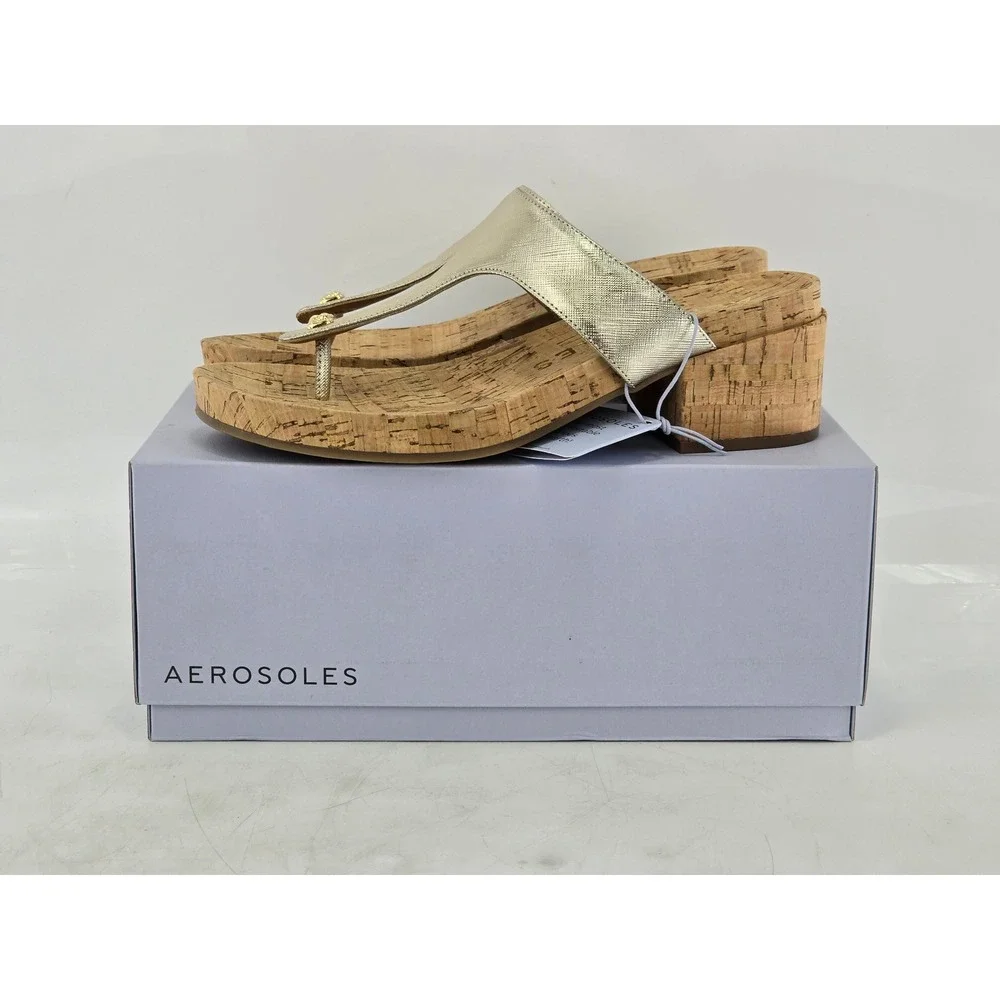 Aerosoles Clio Sandals Womens Size 10M Gold T-Strap Cork Wedge - New
